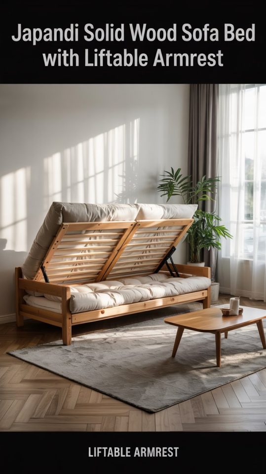 Japandi Solid Wood Sofa Bed with Liftable Armrest for Small Spaces