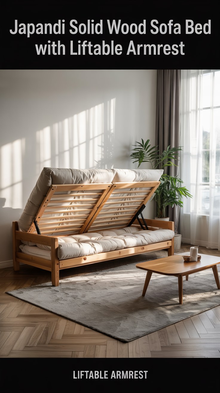 Japandi Solid Wood Sofa Bed with Liftable Armrest for Small Spaces
