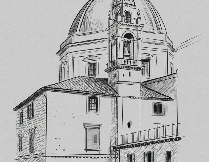 Italian church pencil sketch – detailed dome & bell tower drawing for travel art inspiration