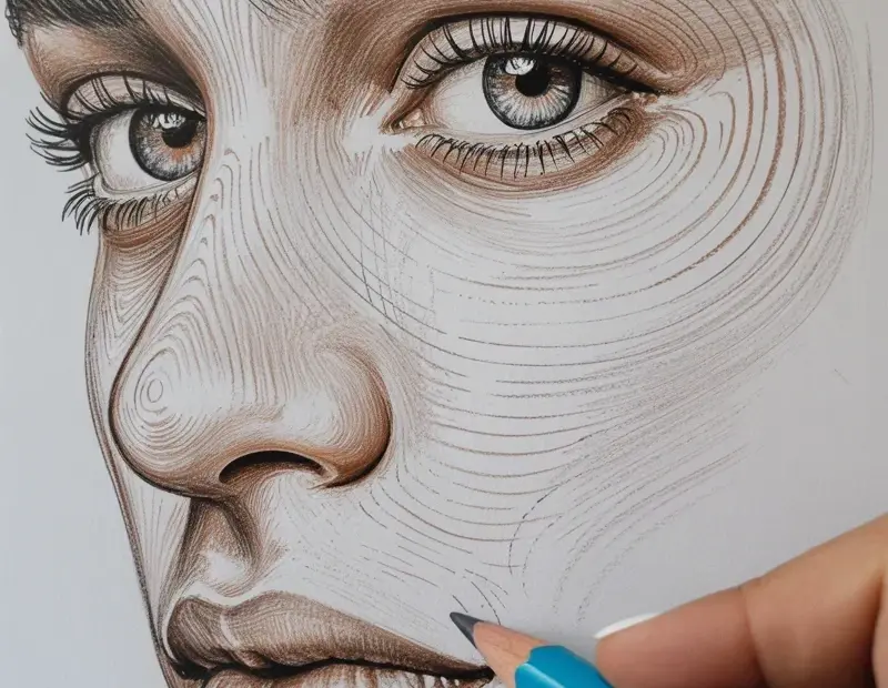 Pencil Drawing Progress: Swirling Wood-Grain Texture Portrait Transformation