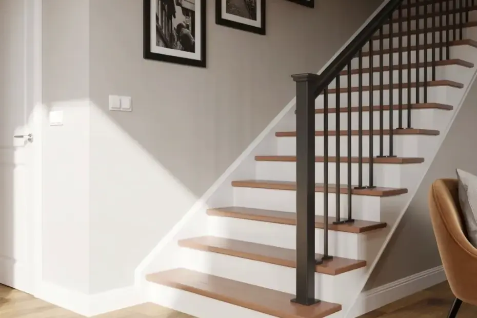 Modern staircase with black railing and a vertical photo gallery wall