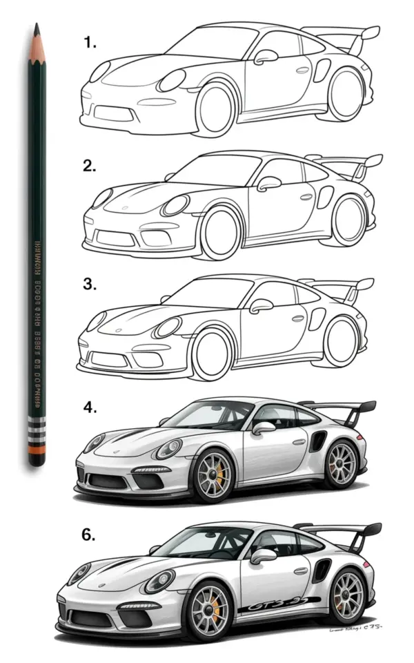 Porsche 911 GT3 RS Drawing Tutorial | 6 Stage Pencil Sketch to Realistic Car | Step-by-Step Guide