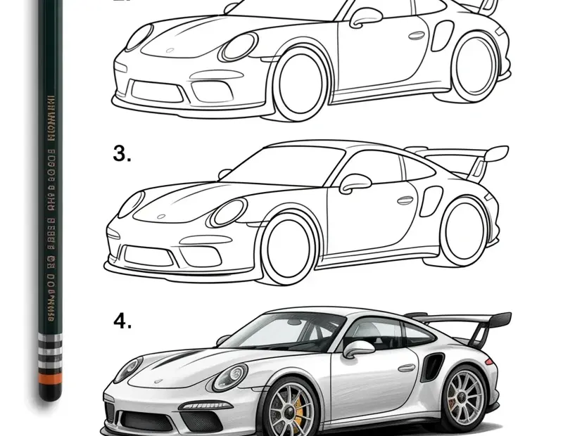 Porsche 911 GT3 RS Drawing Tutorial | 6 Stage Pencil Sketch to Realistic Car | Step-by-Step Guide