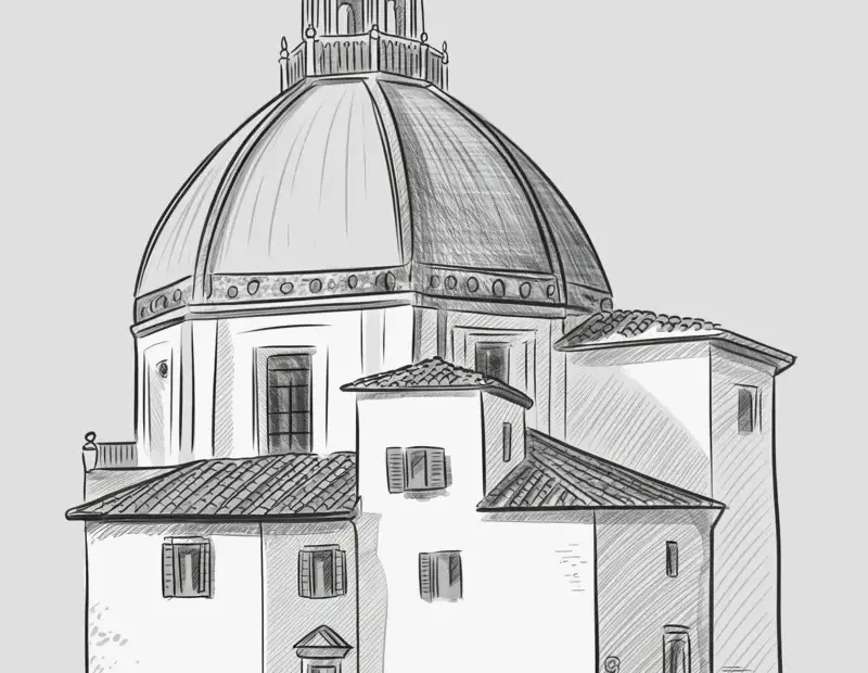 Italian Church Pencil Sketch | Historic Dome & Bell Tower Drawing