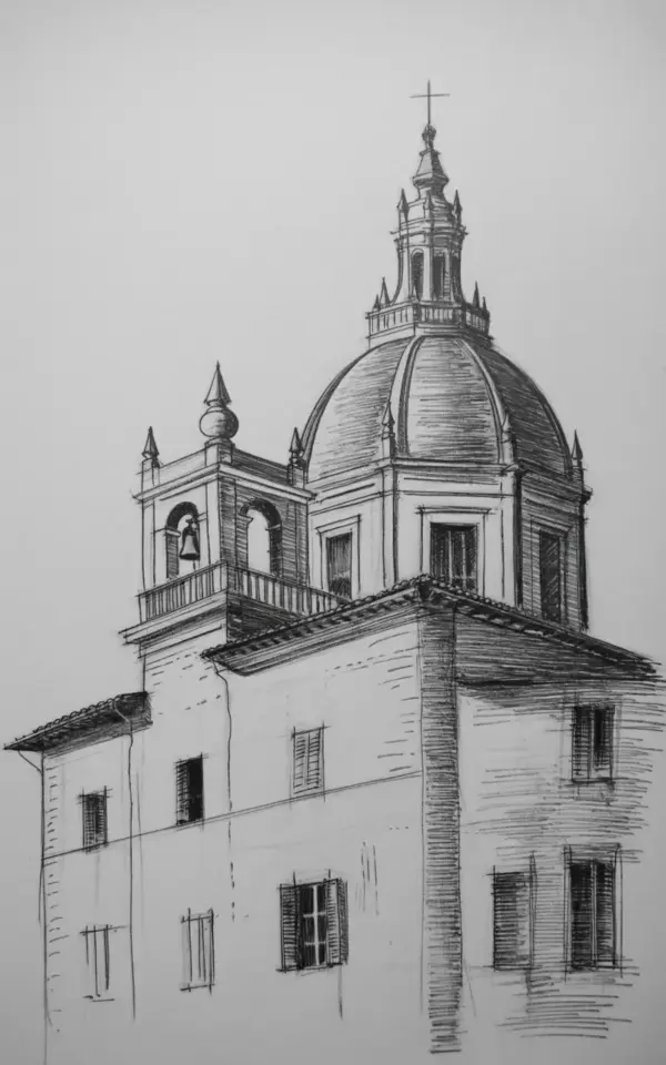 Pencil Sketch of a Historic Italian Church with Dome and Bell Tower