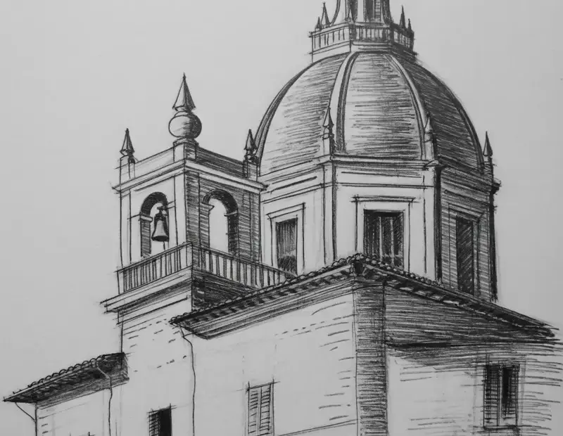 Pencil Sketch of a Historic Italian Church with Dome and Bell Tower
