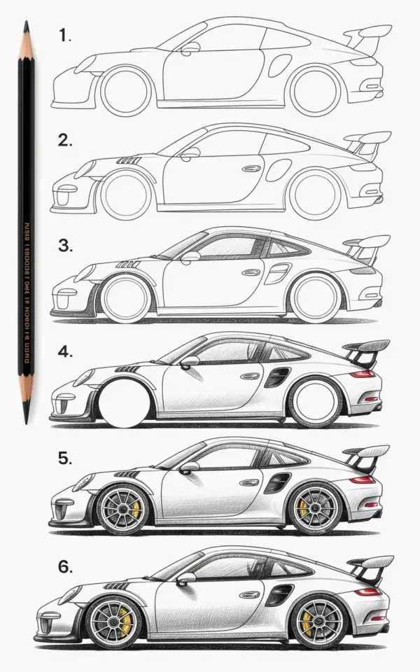 Porsche 911 GT3 RS Step-by-Step Drawing Tutorial | Pencil Sketch to Detailed Art