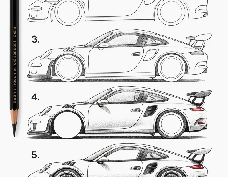 Porsche 911 GT3 RS Step-by-Step Drawing Tutorial | Pencil Sketch to Detailed Art