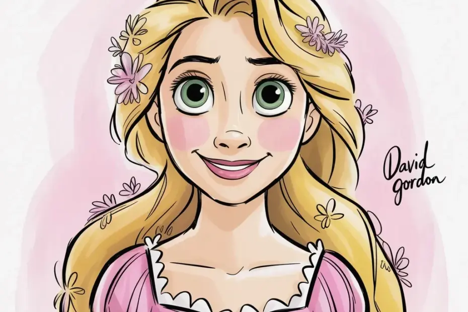 Rapunzel Watercolor Illustration with Pink Flowers and Dreamy Eyes