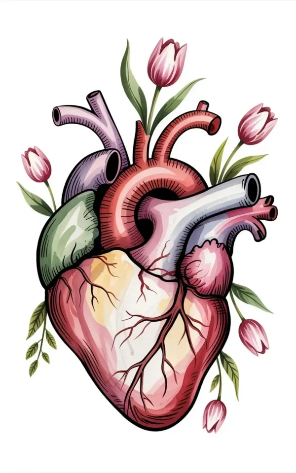 Anatomical Heart Watercolor Painting with Tulips - Valentine's Day Sketch Idea