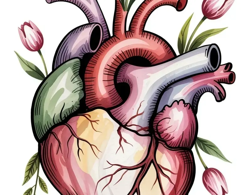 Anatomical Heart Watercolor Painting with Tulips - Valentine's Day Sketch Idea